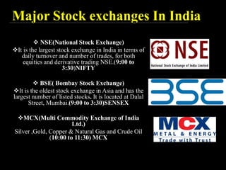 Major Stock exchanges In India
 NSE(National Stock Exchange)
It is the largest stock exchange in India in terms of
daily turnover and number of trades, for both
equities and derivative trading NSE.(9:00 to
3:30)NIFTY
 BSE( Bombay Stock Exchange)
It is the oldest stock exchange in Asia and has the
largest number of listed stocks. It is located at Dalal
Street, Mumbai.(9:00 to 3:30)SENSEX
MCX(Multi Commodity Exchange of India
Ltd.)
Silver ,Gold, Copper & Natural Gas and Crude Oil
(10:00 to 11:30) MCX
 