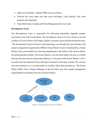 12 | P a g e
 High Level Estimate : Prepare WBS in terms of hours.
 Prioritze the work make sure that every developer, Lead architect, QA work
properly and integrately.
 Team Motivation, Leading and Time Management for every task.
Development Team:
The Development Team is responsible for delivering potentially shippable product
increments at the end of each Sprint. The development team of 4-10 are choose as an unit
combine of Lead Architect, Developer, Quality Assurance team and Documentation team.
.The Development Team in Scrum is self-organizing, even though they may interface with
project management organizations (PMOs).Scrum Master Scrum is facilitated by a Scrum
Master, who is accountable for removing impediments to the ability of the team to deliver
the sprint goal/deliverables. The Scrum Master is not the team leader, but acts as a buffer
between the team and any distracting influences. A key part of the Scrum Master’s role is
to protect the Development Team and keep it focused on the tasks at hand. The role has
also been referred to as a servant-leader to reinforce these dual perspectives. The Scrum
Master differs from a Project Manager in that the latter may have people management
responsibilities unrelated to the role of Scrum Master.
Lead
Architect
Developer QA Doc
10 people =
1 unit
Figure 6-1Development Team In LogPoint
 
