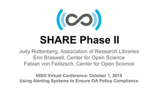 SHARE Phase II
Judy Ruttenberg, Association of Research Libraries
Erin Braswell, Center for Open Science
Fabian von Feilitzsch, Center for Open Science
NISO Virtual Conference: October 1, 2015
Using Alerting Systems to Ensure OA Policy Compliance
 