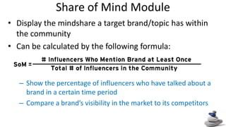 Share of Mind Module Display the mindshare a target brand/topic has within the community Can be calculated by the following formula: Show the percentage of influencers who have talked about a brand in a certain time period Compare a brand’s visibility in the market to its competitors 