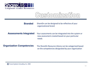 ShareOn can be designed to be reflective of your organizational brand Your assessments can be integrated into the system or new assessment created based on your particular needs The ShareOn Resource Library can be categorized based on the competencies designated by your organization Branded Assessments Integrated Organization Competencies Customization Future Systems Consulting, Inc. 2008 © 
