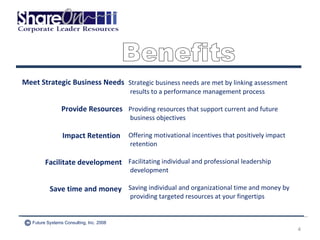 Strategic business needs   are met by linking assessment results to a performance management process Providing resources that support current and future business objectives Offering motivational incentives that positively impact retention Facilitating individual and professional leadership development Saving individual and organizational time and money by providing targeted resources at your fingertips Meet Strategic Business Needs Provide Resources Impact Retention Benefits Facilitate development Save time and money Future Systems Consulting, Inc. 2008 © 