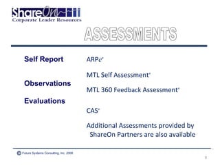 ARP e © MTL Self Assessment © MTL 360  Feedback  Assessment © CAS © Additional Assessments provided by ShareOn Partners are also available ASSESSMENTS Self Report Observations Evaluations Future Systems Consulting, Inc. 2008 © 