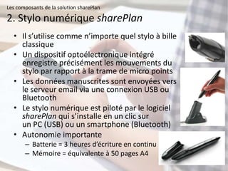 Les composants de la solution sharePlan

2. Stylo numérique sharePlan
  • Il s’utilise comme n’importe quel stylo à bille
    classique
  • Un dispositif optoélectronique intégré
    enregistre précisément les mouvements du
    stylo par rapport à la trame de micro points
  • Les données manuscrites sont envoyées vers
    le serveur email via une connexion USB ou
    Bluetooth
  • Le stylo numérique est piloté par le logiciel
    sharePlan qui s’installe en un clic sur
    un PC (USB) ou un smartphone (Bluetooth)
  • Autonomie importante
       – Batterie = 3 heures d’écriture en continu
       – Mémoire = équivalente à 50 pages A4
 