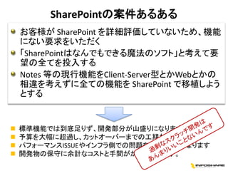 SharePointの案件あるある
お客様が SharePoint を詳細評価していないため、機能
にない要求をいただく
「SharePointはなんでもできる魔法のソフト」と考えて要
望の全てを投入する
Notes 等の現行機能をClient...