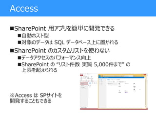 Access
SharePoint 用アプリを簡単に開発できる
自動ホスト型
対象のデータは SQL データベース上に置かれる
SharePoint のカスタムリストを使わない
データアクセスのパフォーマンス向上
SharePoint の “リスト件数 実質 5,000件まで” の
上限を超えられる
※Access は SPサイトを
開発することもできる
 
