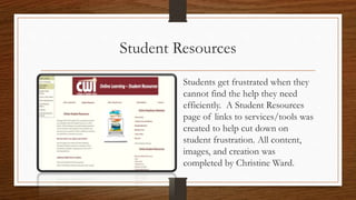 Student Resources
Students get frustrated when they
cannot find the help they need
efficiently. A Student Resources
page of links to services/tools was
created to help cut down on
student frustration. All content,
images, and creation was
completed by Christine Ward.
 