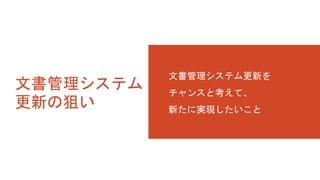 文書管理システム
更新の狙い
文書管理システム更新を
チャンスと考えて、
新たに実現したいこと
 