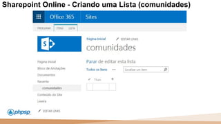 20 100
110
Sharepoint Online - Criando uma Lista (comunidades)
 