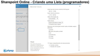 20 100
110
Sharepoint Online - Criando uma Lista (programadores)
 