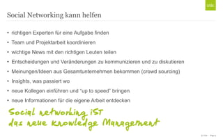 Social Networking kann helfen
• richtigen Experten für eine Aufgabe finden
• Team und Projektarbeit koordinieren
• wichtige News mit den richtigen Leuten teilen
• Entscheidungen und Veränderungen zu kommunizieren und zu diskutieren
• Meinungen/Ideen aus Gesamtunternehmen bekommen (crowd sourcing)
• Insights, was passiert wo
• neue Kollegen einführen und “up to speed” bringen
• neue Informationen für die eigene Arbeit entdecken

Social networking IST
das neue Knowledge Management
© Unic - Page 9

 