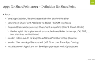 © Unic - Seite 11
• Apps…
• sind Applikationen, welche ausserhalb von SharePoint leben
• verwenden SharePoint-Artefakte via REST / CSOM-Interfaces
• Custom Code wird extern von SharePoint ausgeführt (Client, Cloud, Hosts)
• Hierbei spielt die Implementationssprache keine Rolle: Javascript, C#, PHP, …
(resp. ist abhängig vom Host-Kontext)
• werden mittels oAuth für Zugriffe auf SharePoint berechtigt (Grants)
• werden über den App-Store verteilt (MS Store oder Farm App Catalog)
• Installation von Apps kann mit Bewilligungsprozess verknüpft werden
Apps für SharePoint 2013 – Definition für SharePoint
 
