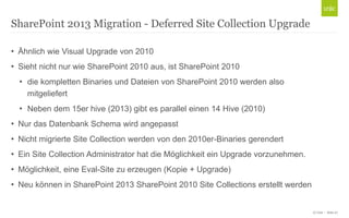 © Unic - Seite 27
• Ähnlich wie Visual Upgrade von 2010
• Sieht nicht nur wie SharePoint 2010 aus, ist SharePoint 2010
• die kompletten Binaries und Dateien von SharePoint 2010 werden also
mitgeliefert
• Neben dem 15er hive (2013) gibt es parallel einen 14 Hive (2010)
• Nur das Datenbank Schema wird angepasst
• Nicht migrierte Site Collection werden von den 2010er-Binaries gerendert
• Ein Site Collection Administrator hat die Möglichkeit ein Upgrade vorzunehmen.
• Möglichkeit, eine Eval-Site zu erzeugen (Kopie + Upgrade)
• Neu können in SharePoint 2013 SharePoint 2010 Site Collections erstellt werden
SharePoint 2013 Migration - Deferred Site Collection Upgrade
 