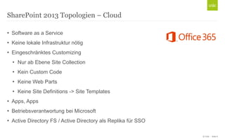 © Unic - Seite 6
• Software as a Service
• Keine lokale Infrastruktur nötig
• Eingeschränktes Customizing
• Nur ab Ebene Site Collection
• Kein Custom Code
• Keine Web Parts
• Keine Site Definitions -> Site Templates
• Apps, Apps
• Betriebsverantwortung bei Microsoft
• Active Directory FS / Active Directory als Replika für SSO
SharePoint 2013 Topologien – Cloud
 