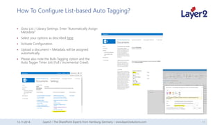 HowTo ConfigureList-basedAuto Tagging? 
GotoList / Library Settings. Enter “Automatically Assign Metadata” 
Select your options as described here. 
Activate Configuration. 
Upload a document–Metadatawill be assignedautomatically. 
Pleasealso notetheBulk-TaggingoptionandtheAuto TaggerTimerJob (Full/ IncrementalCrawl). 
13.11.2014 Layer2 – The SharePoint Experts from Hamburg, Germany – www.layer2solutions.com 11 
 