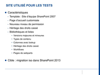 SITE UTILISÉ POUR LES TESTS 
● Caractéristiques 
- Template : Site d’équipe SharePoint 2007 
- Page d’accueil customisée 
...