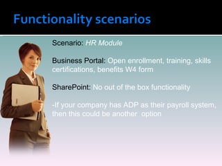 Scenario:  HR Module Business Portal:  Open enrollment, training, skills certifications, benefits W4 form SharePoint:  No out of the box functionality -If your company has ADP as their payroll system, then this could be another  option 