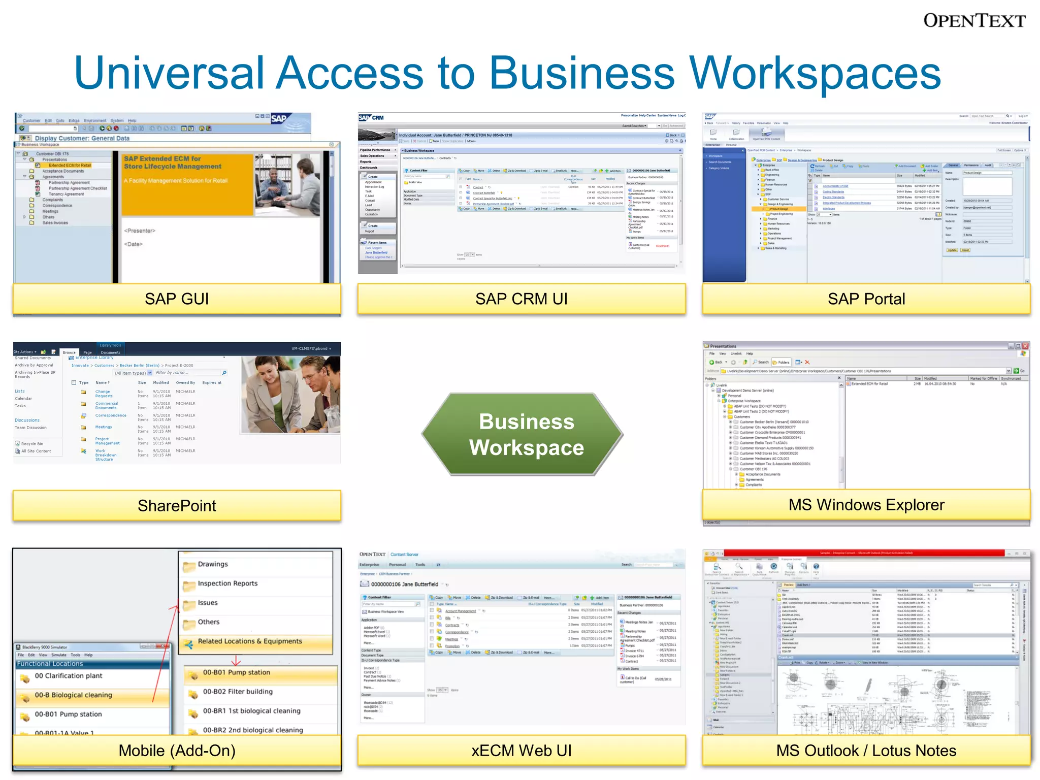 Universal Access to Business Workspaces



     SAP GUI        SAP CRM UI          SAP Portal




                    Business
                    Workspace

    SharePoint                     MS Windows Explorer




  Mobile (Add-On)   xECM Web UI   MS Outlook / Lotus Notes
                                                             16
 