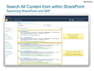 Search All Content from within SharePoint
Searching SharePoint and SAP




                                 Content from
                                  SharePoint




                                Content from SAP
                               Business Workspace
 