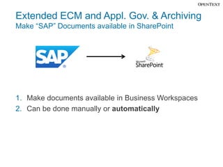 Extended ECM and Appl. Gov. & Archiving
Make “SAP” Documents available in SharePoint




1. Make documents available in Business Workspaces
2. Can be done manually or automatically
 