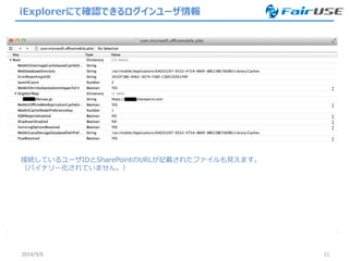 iExplorerにて確認できるログインユーザ情報 
2014/9/6 11 
接続しているユーザIDとSharePointのURLが記載されたファイルも見えます。 
（バイナリー化されていません。）  