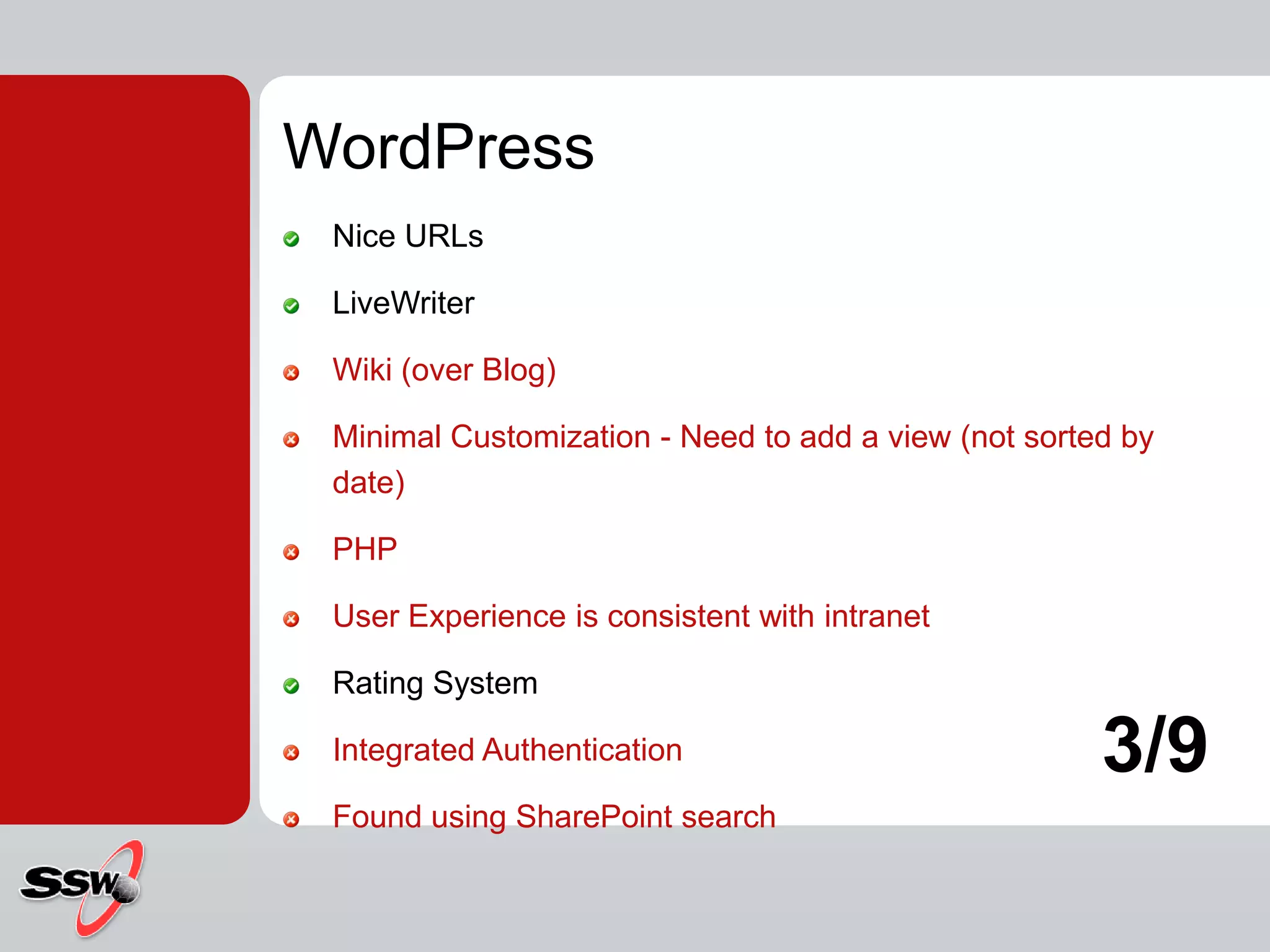 WordPressNice URLsLiveWriterWiki (over Blog)Minimal Customization - Need to add a view (not sorted by date)PHPUser Experience is consistent with intranetRating SystemIntegrated AuthenticationFound using SharePoint search3/9