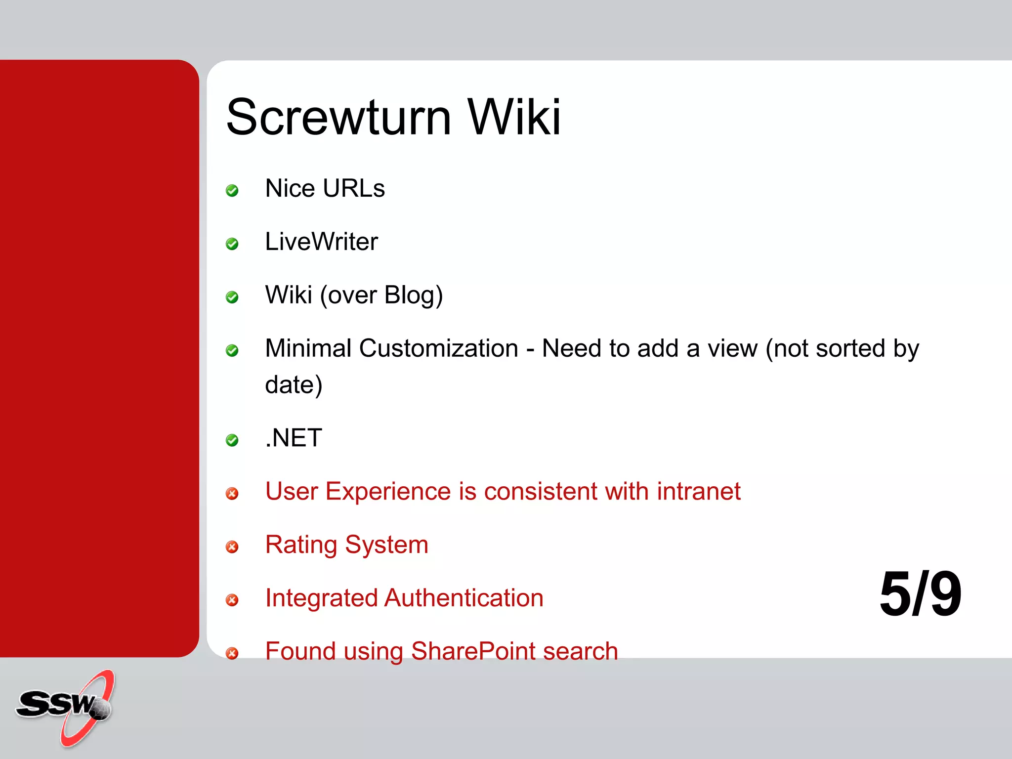 Screwturn WikiNice URLsLiveWriterWiki (over Blog)Minimal Customization - Need to add a view (not sorted by date).NETUser Experience is consistent with intranetRating SystemIntegrated AuthenticationFound using SharePoint search5/9