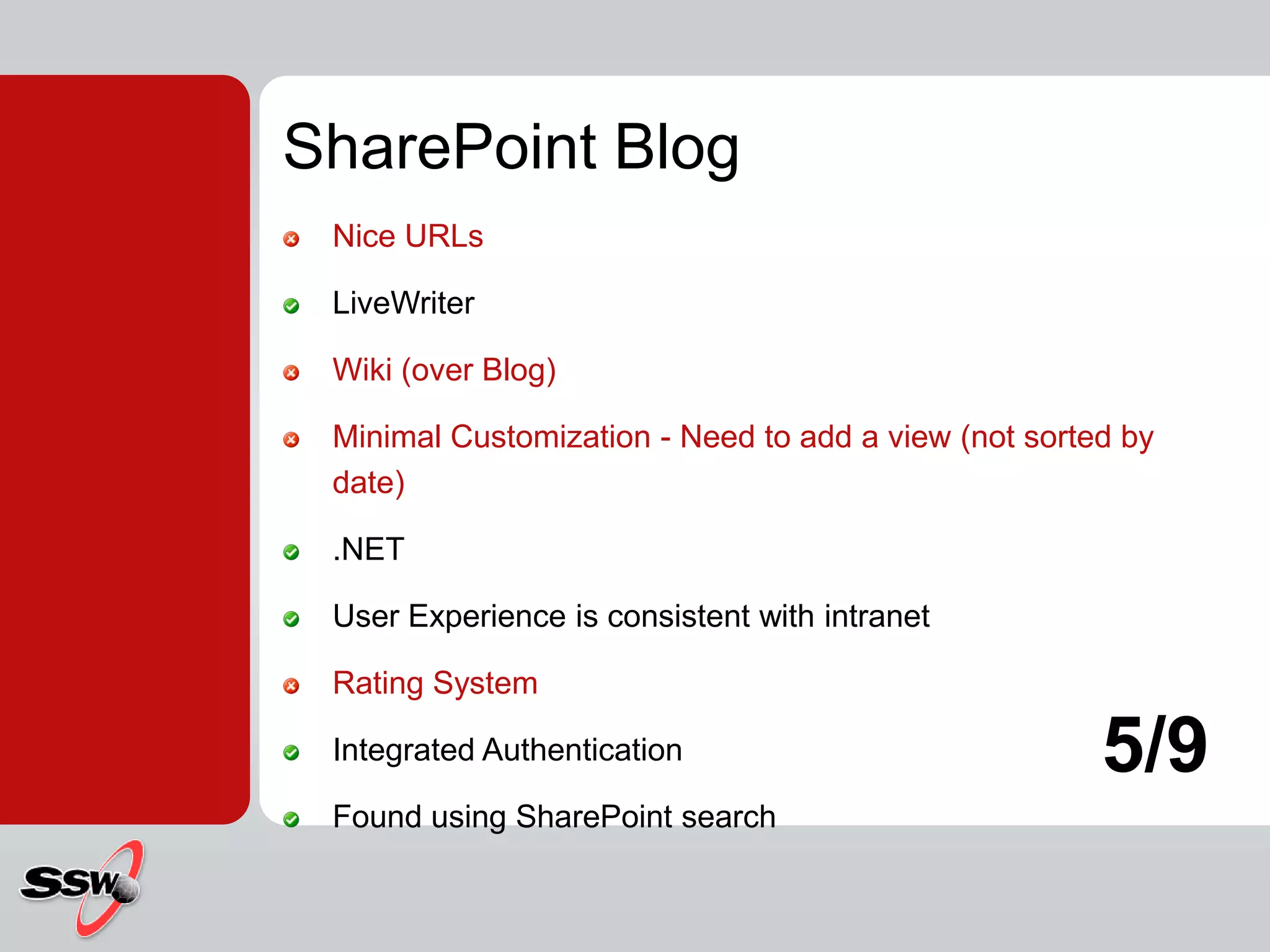 SharePoint BlogNice URLsLiveWriterWiki (over Blog)Minimal Customization - Need to add a view (not sorted by date).NETUser Experience is consistent with intranetRating SystemIntegrated AuthenticationFound using SharePoint search5/9