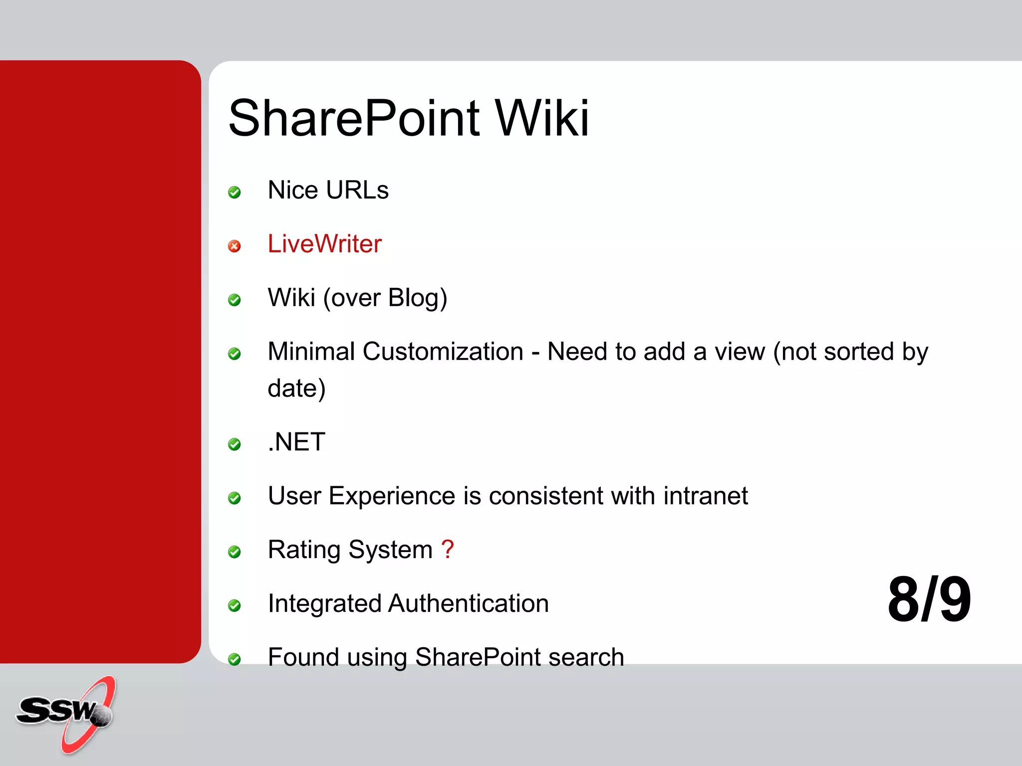 SharePoint WikiNice URLsLiveWriterWiki (over Blog)Minimal Customization - Need to add a view (not sorted by date).NETUser Experience is consistent with intranetRating System ?Integrated AuthenticationFound using SharePoint search8/9