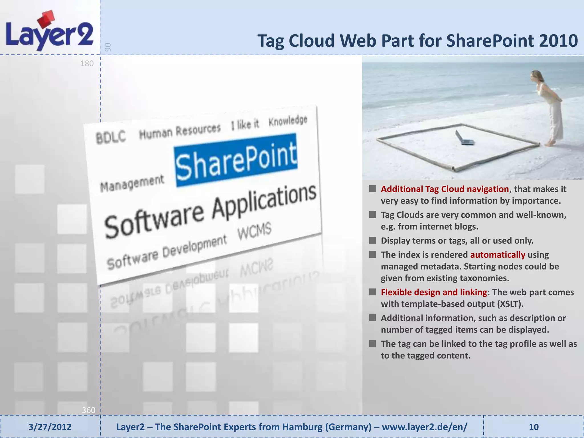 Tag Cloud Web Part for SharePoint 2010


                  90
            180




                                                                              Additional Tag Cloud navigation, that makes it
                                                                              very easy to find information by importance.
                                                                              Tag Clouds are very common and well-known,
                                                                              e.g. from internet blogs.
                                                                              Display terms or tags, all or used only.
                                                                              The index is rendered automatically using
                                                                              managed metadata. Starting nodes could be
                                                                              given from existing taxonomies.
                                                                              Flexible design and linking: The web part comes
                                                                              with template-based output (XSLT).
                                                                              Additional information, such as description or
                                                                              number of tagged items can be displayed.
                                                                              The tag can be linked to the tag profile as well as
                                                                              to the tagged content.




            360
3/27/2012              Layer2 – The SharePoint Experts from Hamburg (Germany) – www.layer2.de/en/                   10
 