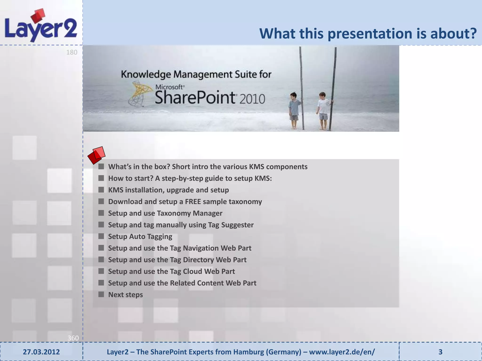 What this presentation is about?


                   90
             180




                        What’s in the box? Short intro the various KMS components
                        How to start? A step-by-step guide to setup KMS:
                        KMS installation, upgrade and setup
                        Download and setup a FREE sample taxonomy
                        Setup and use Taxonomy Manager
                        Setup and tag manually using Tag Suggester
                        Setup Auto Tagging
                        Setup and use the Tag Navigation Web Part
                        Setup and use the Tag Directory Web Part
                        Setup and use the Tag Cloud Web Part
                        Setup and use the Related Content Web Part
                        Next steps




             360
27.03.2012              Layer2 – The SharePoint Experts from Hamburg (Germany) – www.layer2.de/en/   3
 