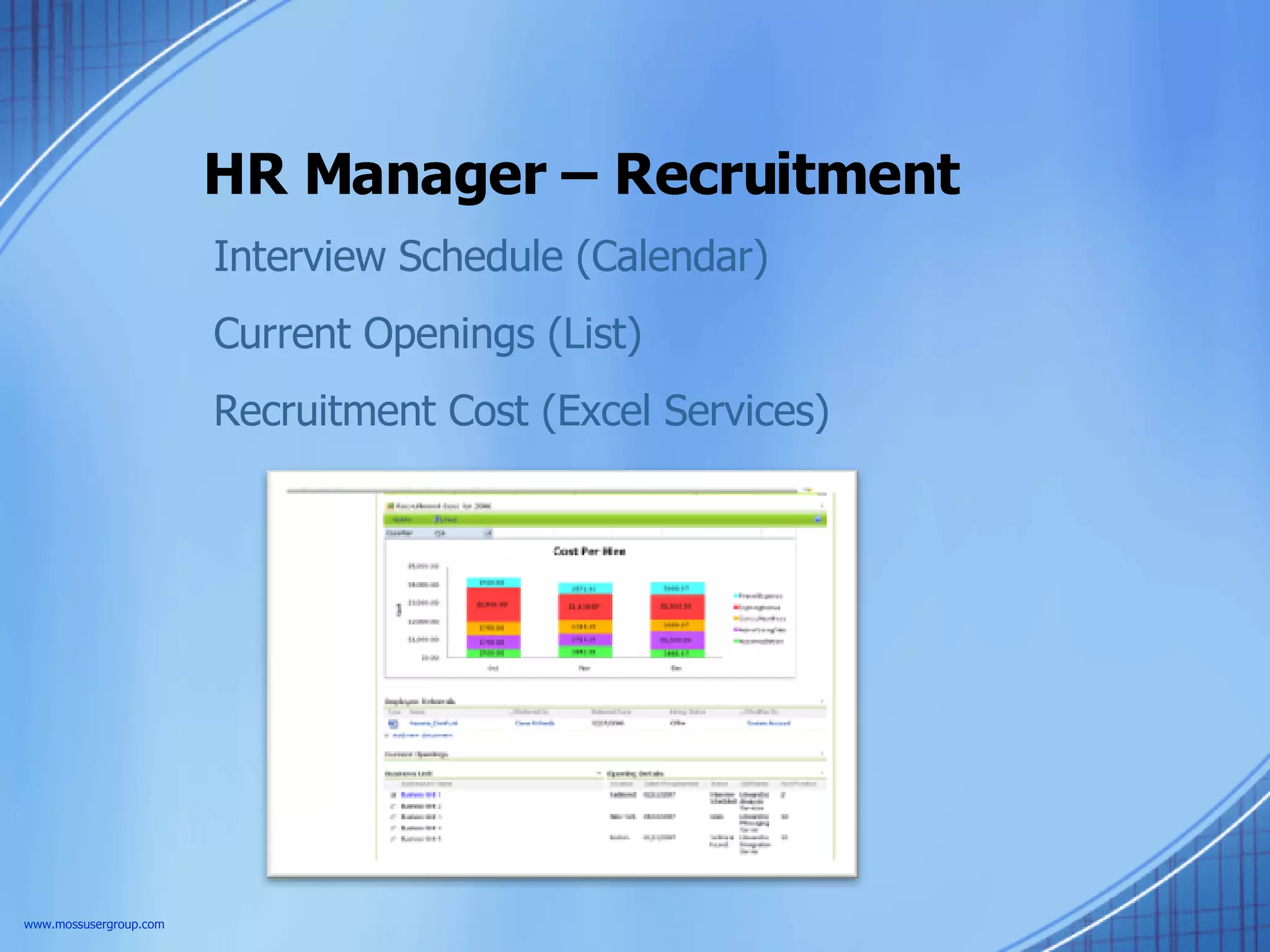 HR Manager – Recruitment  Interview Schedule (Calendar) Current Openings (List) Recruitment Cost (Excel Services) www.mossusergroup.com 