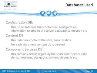Databases used Configuration DB: This is the database that contains all configuration information related to the server database connection etc Content DB: This database contains the sites, subsites data For each site a new content db is created Component Services DB: This contains details regarding the sharepoint services like alerts, messages, site quota, content db details etc April 17, 2010 Page  