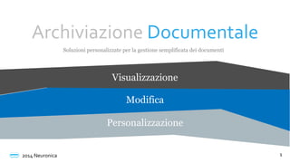 Archiviazione Documentale
Soluzioni personalizzate per la gestione semplificata dei documenti

Visualizzazione
Modifica
Personalizzazione

2014 Neuronica

1

 