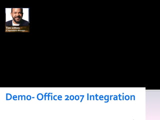 Pain Points Spends a lot of time in meetings, reporting to senior management  Too many emails, which are unrelated to him Not always 100% up to date on the project status or workload of team His desire Wants project related information structured and searchable. Less clicks to find information Solution :SharePoint integrating with Outlook and one place to look  