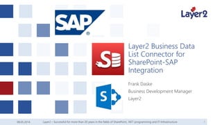08.05.2014 1
Layer2 Business Data
List Connector for
SharePoint-SAP
Integration
Frank Daske
Business Development Manager
Layer2
Layer2 – Successful for more than 20 years in the fields of SharePoint, .NET-programming and IT-Infrastructure
 