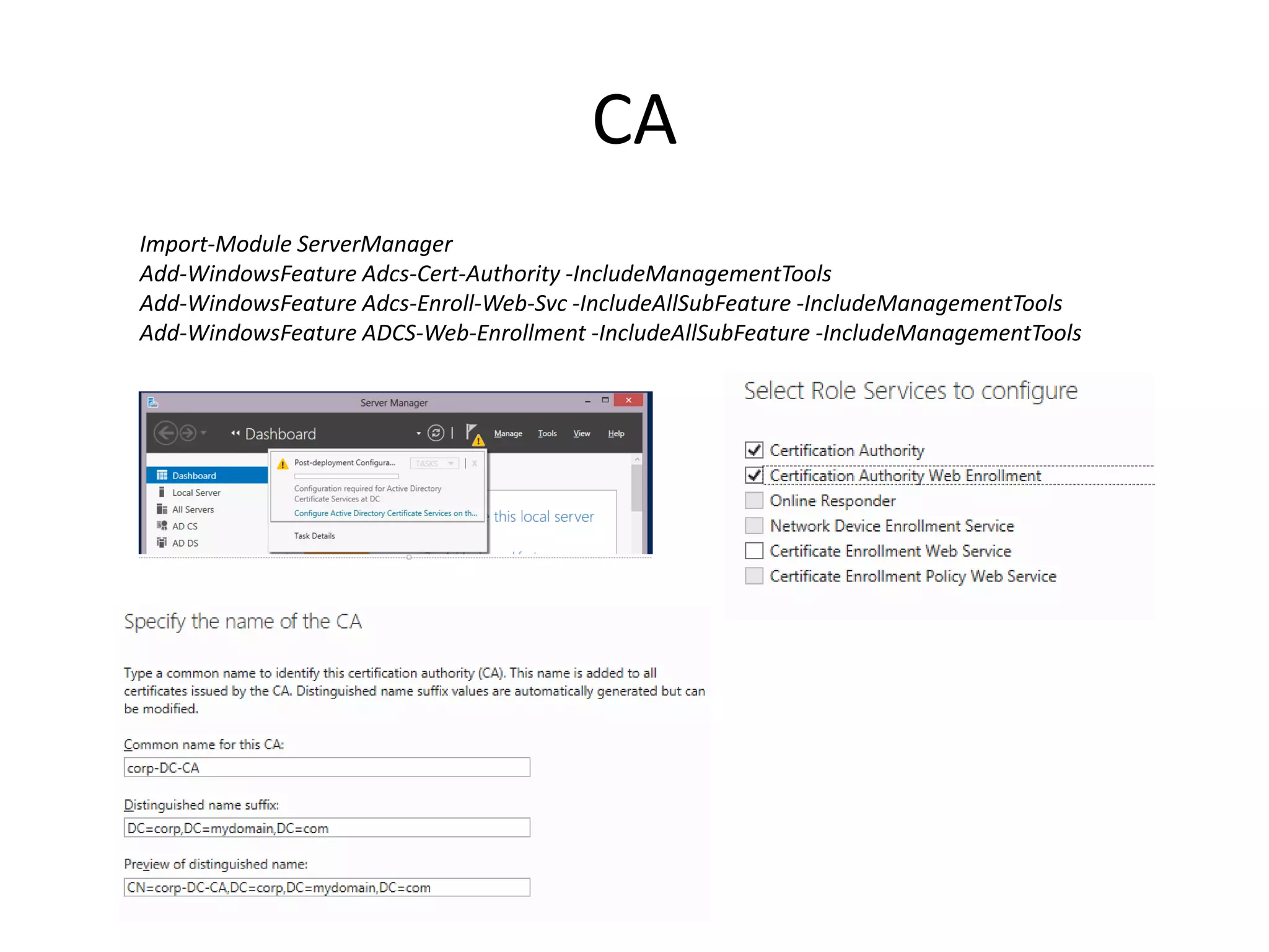 CA
Import-Module ServerManager
Add-WindowsFeature Adcs-Cert-Authority -IncludeManagementTools
Add-WindowsFeature Adcs-Enroll-Web-Svc -IncludeAllSubFeature -IncludeManagementTools
Add-WindowsFeature ADCS-Web-Enrollment -IncludeAllSubFeature -IncludeManagementTools
 