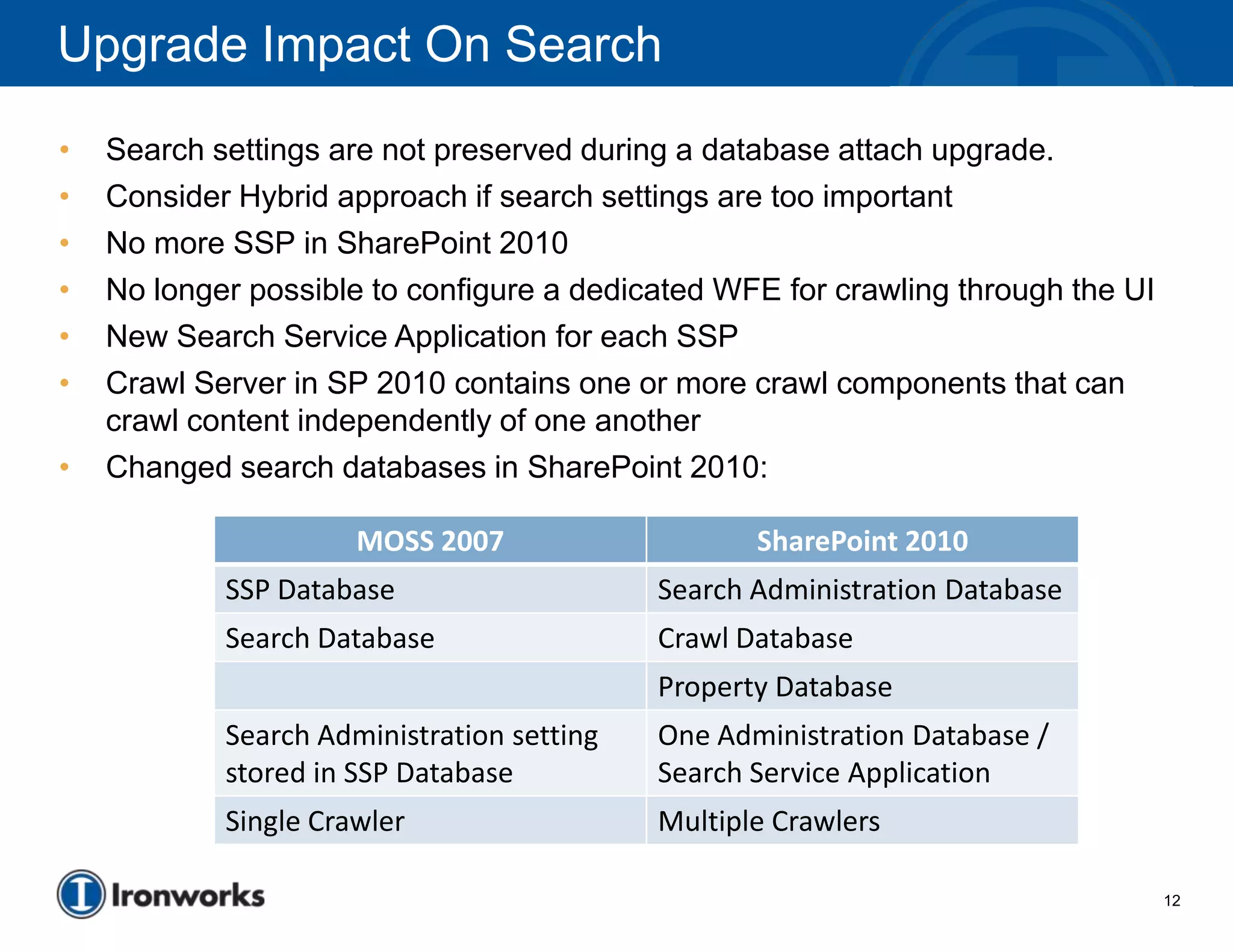 Upgrade Impact On Search
•   Search settings are not preserved during a database attach upgrade.
•   Consider Hybrid approach if search settings are too important
•   No more SSP in SharePoint 2010
•   No longer possible to configure a dedicated WFE for crawling through the UI
•   New Search Service Application for each SSP
•   Crawl Server in SP 2010 contains one or more crawl components that can
    crawl content independently of one another
•   Changed search databases in SharePoint 2010:

                      MOSS 2007                    SharePoint 2010
            SSP Database                    Search Administration Database
            Search Database                 Crawl Database
                                            Property Database
            Search Administration setting   One Administration Database /
            stored in SSP Database          Search Service Application
            Single Crawler                  Multiple Crawlers

                                                                                  12
 