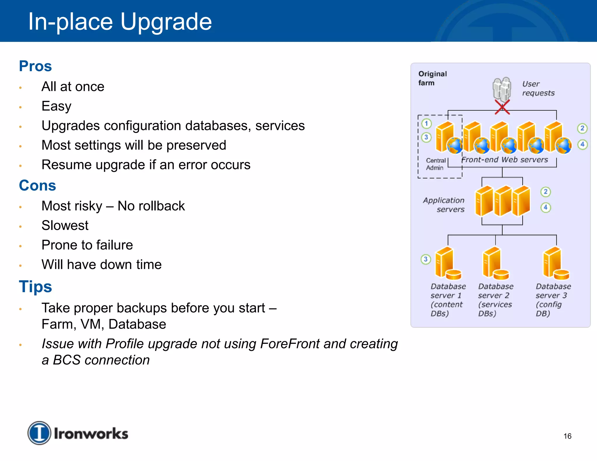 In-place Upgrade
Pros
•    All at once
•    Easy
•    Upgrades configuration databases, services
•    Most settings will be preserved
•    Resume upgrade if an error occurs
Cons
•    Most risky – No rollback
•    Slowest
•    Prone to failure
•    Will have down time
Tips
•    Take proper backups before you start –
     Farm, VM, Database
•    Issue with Profile upgrade not using ForeFront and creating
     a BCS connection




                                                                   16
 