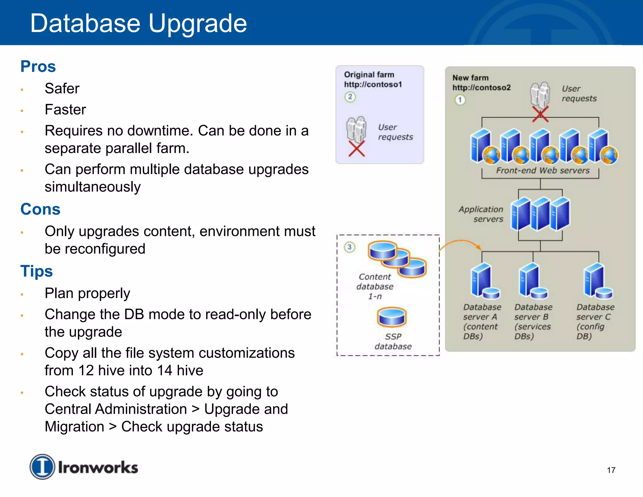 Database Upgrade
Pros
•    Safer
•    Faster
•    Requires no downtime. Can be done in a
     separate parallel farm.
•    Can perform multiple database upgrades
     simultaneously
Cons
•    Only upgrades content, environment must
     be reconfigured
Tips
•    Plan properly
•    Change the DB mode to read-only before
     the upgrade
•    Copy all the file system customizations
     from 12 hive into 14 hive
•    Check status of upgrade by going to
     Central Administration > Upgrade and
     Migration > Check upgrade status

                                               17
 