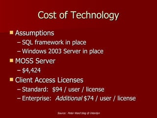 Cost of Technology Assumptions SQL framework in place Windows 2003 Server in place MOSS Server $4,424 Client Access Licenses Standard:  $94 / user / license Enterprise:  Additional  $74 / user / license Source:  Peter Ward blog @ Interdyn 