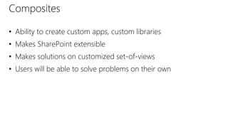 Composites
• Ability to create custom apps, custom libraries
• Makes SharePoint extensible
• Makes solutions on customized...