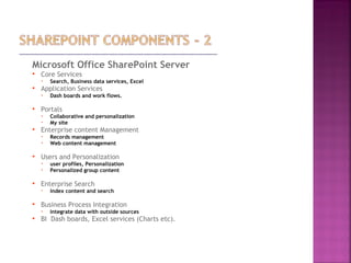 Microsoft Office SharePoint Server
 Core Services
 Search, Business data services, Excel
 Application Services
 Dash boards and work flows.
 Portals
 Collaborative and personalization
 My site
 Enterprise content Management
 Records management
 Web content management
 Users and Personalization
 user profiles, Personalization
 Personalized group content
 Enterprise Search
 Index content and search
 Business Process Integration
 Integrate data with outside sources
 BI Dash boards, Excel services (Charts etc).
 