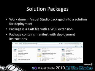 Sample Solution Manifest<?xml version="1.0" encoding="utf-8"?><Solution xmlns="http://schemas.microsoft.com/sharepoint/" SolutionId="e6c7d3ce-f0a8-4f48-8d50-0cba4ae5ac9e" SharePointProductVersion="14.0">  <Assemblies>    <Assembly Location="UserControlWebParts.dll" DeploymentTarget="GlobalAssemblyCache">      <SafeControls>        <SafeControl Assembly="UserControlWebParts, Version=1.0.0.0, ..."           Namespace="UserControlWebParts.VisualCalculator" TypeName="*" />        <SafeControl Assembly="UserControlWebParts, Version=1.0.0.0, ..."           Namespace="UserControlWebParts.ListBrowser" TypeName="*" />      </SafeControls>    </Assembly>  </Assemblies>  <TemplateFiles>    <TemplateFile Location="CONTROLTEMPLATES\...\VisualCalculatorUserControl.ascx" />    <TemplateFile Location="CONTROLTEMPLATES\...\ListBrowserUserControl.ascx" />  </TemplateFiles>  <FeatureManifests>    <FeatureManifest Location="UserControlWebParts_Feature1\Feature.xml" />  </FeatureManifests></Solution>