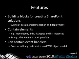Sample Feature Manifest<?xml version="1.0" encoding="utf-8"?><Feature xmlns="http://schemas.microsoft.com/sharepoint/"   Id="734f2957-51f6-444c-b8cc-ab165c2fa4c5" Scope="Site"   Title="UserControlWebParts Feature1">  <ElementManifests>    <ElementManifest Location="VisualCalculator\Elements.xml" />    <ElementFile Location="VisualCalculator\VisualCalculator.webpart" />    <ElementManifest Location="ListBrowser\Elements.xml" />    <ElementFile Location="ListBrowser\ListBrowser.webpart" />  </ElementManifests></Feature>