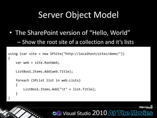 Resource UsageSPSite and SPWeb objects use unmanaged resourcesVital that you release resources with DisposeGeneral rules:If you create the object, you should Disposevar site = new SPSite(“http://localhost”);var web = site.OpenWeb();If you get a reference from a property, don’t Disposevar web = site.RootWebThere are exceptions to these rulesUse SPDisposeCheck to analyze code