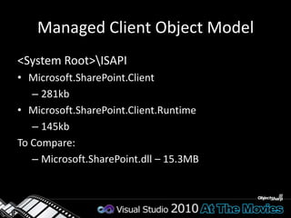 Managed Client Object ModelThe SharePoint version of “Hello, World”Show the root site of a collection and it’s listsusing (var context = new ClientContext("http://localhost/sites/demo")){var site = context.Site;var web = site.RootWeb;context.Load(web, w => w.Title);context.Load(web.Lists); context.ExecuteQuery();    ListBox1.Items.Add(web.Title);foreach (var list in web.Lists) {        ListBox1.Items.Add("\t" + list.Title);    }} 