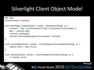 JavaScript Client Object Model<System Root>\TEMPLATE\LAYOUTS SP.js (SP.debug.js)380KB (559KB)SP.Core.js (SP.Core.debug.js)13KB (20KB)SP.Runtime.js (SP.Runtime.debug.js)68KB (108KB)Add using <SharePoint:ScriptLink>