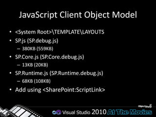JavaScript Client Object Model<SharePoint:ScriptLink ID="SPScriptLink" runat="server" LoadAfterUI="true"         Localizable="false" Name="sp.js" /><script src="js/jquery-1.3.2.min.js" type="text/javascript"></script><script type="text/javascript">    _spBodyOnLoadFunctionNames.push("Initialize");var web;    function Initialize() {var context = new SP.ClientContext.get_current();        web = context.get_web();context.load(web);context.executeQueryAsync(Succeeded, Failed);    }    function Succeeded() {        $("#listTitle").append(web.get_title());    }    function Failed() {        alert('request failed');    }</script>