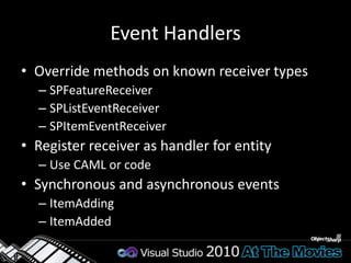 Sample Feature Receiverpublic class Feature1EventReceiver : SPFeatureReceiver{    public override void FeatureActivated(SPFeatureReceiverProperties properties)    {var web = properties.Feature.Parent as SPWeb;        if (web == null) return;web.Properties["OldTitle"] = web.Title;web.Properties.Update();web.Title = "Feature activated at " + DateTime.Now.ToLongTimeString();web.Update();    }    public override void FeatureDeactivating(SPFeatureReceiverProperties properties)    {var web = properties.Feature.Parent as SPWeb;        if (web == null) return;web.Title = web.Properties["OldTitle"];web.Update();    }}